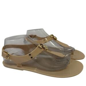 Michael Kors Hamilton Lock Jelly Thong Sandals US 9 M Neutral Beige Gold Locks